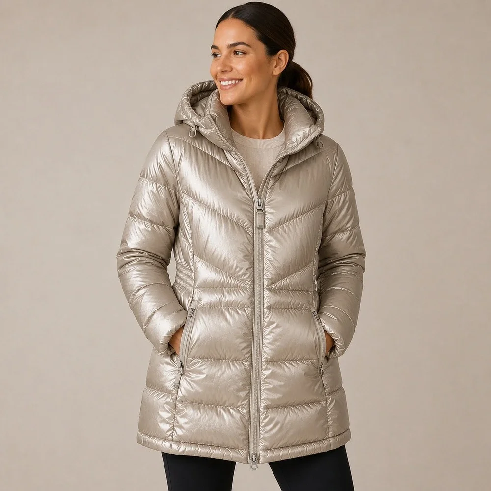 Athleta Light Weight Long‎ Hooded Puffer Coat Down Fill Shimmer Cream Chevron MD